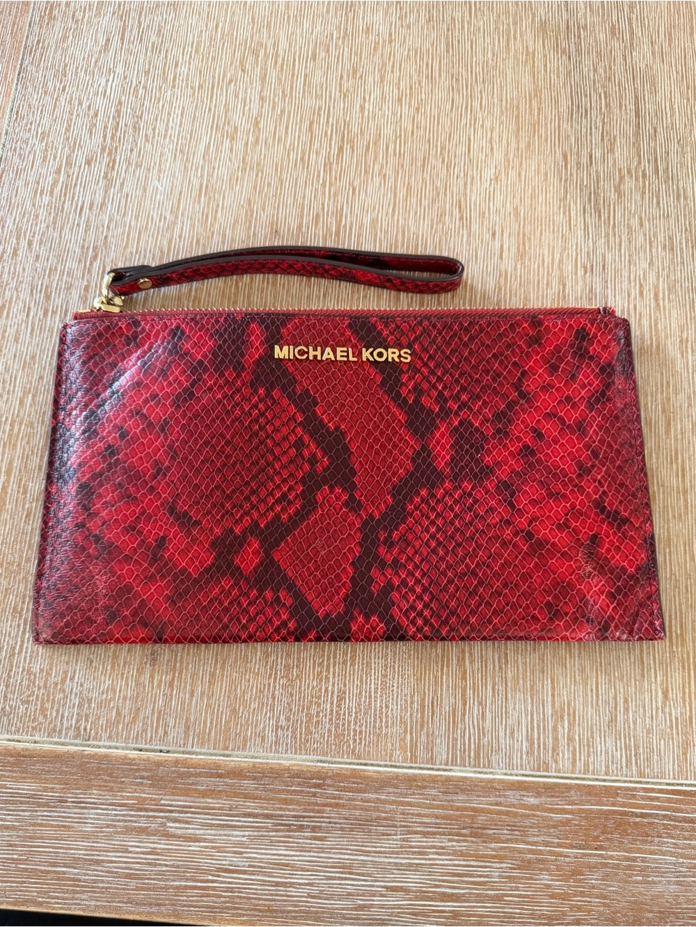 Michael Kors Red Snake-Print Wristlet Pouch with Gold Logo